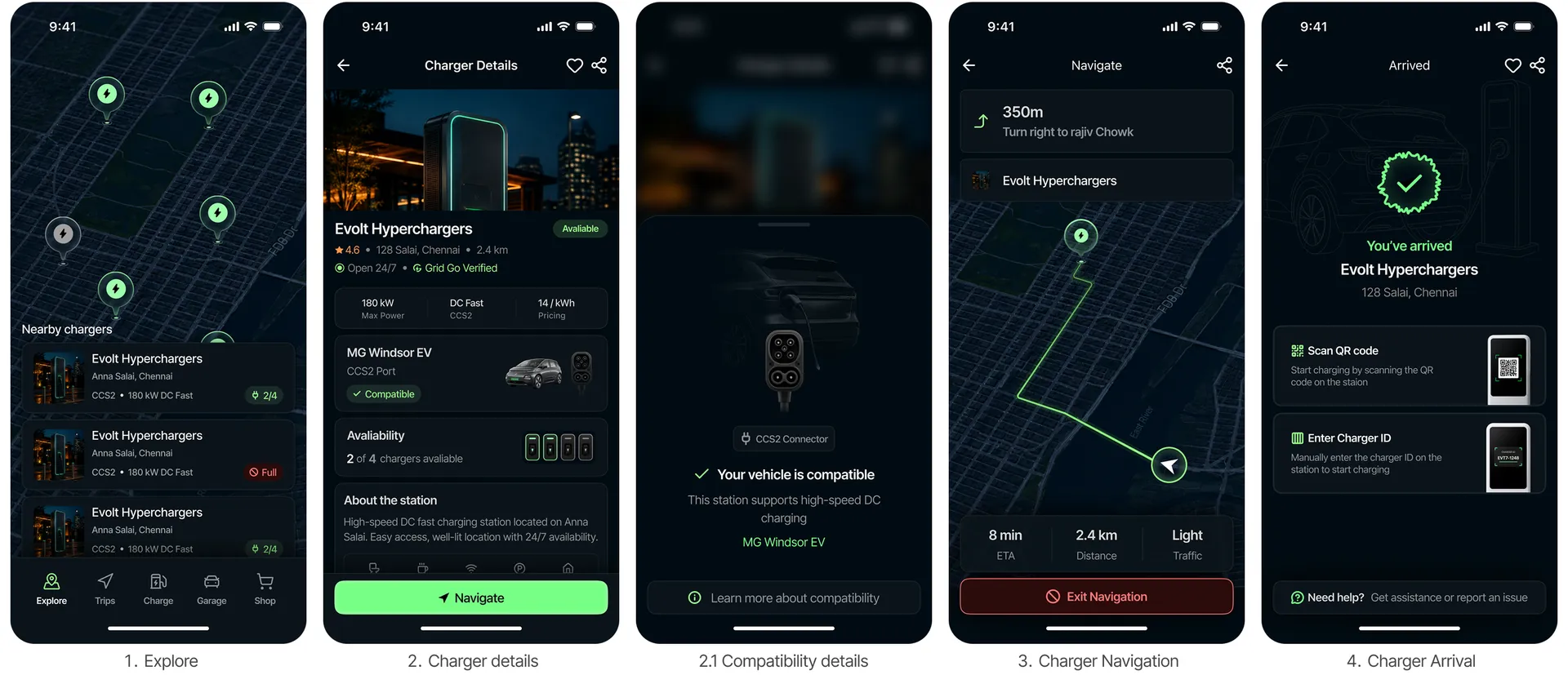 Explore flow screens — charger discovery and compatibility